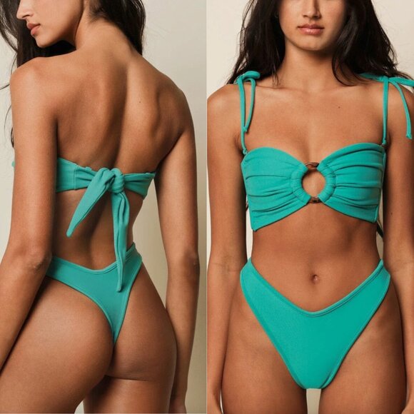 Montce Swim BINDED Thong Bikini Bottom - Teal - Minimal Coverage - High Cut - Picture 2 of 14
